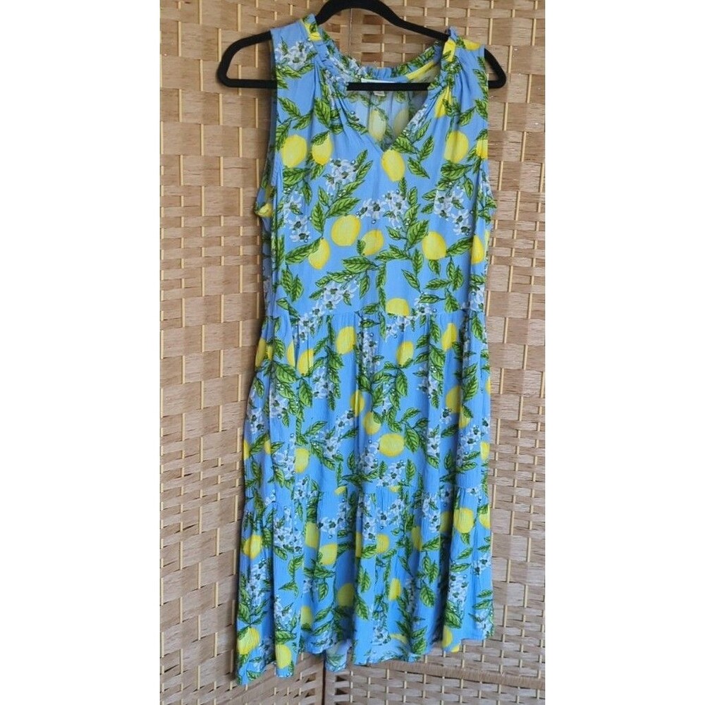 BeachLunchLounge Lemon Print Midi Dress Blue Floral Sleeveless Soft Size Medium